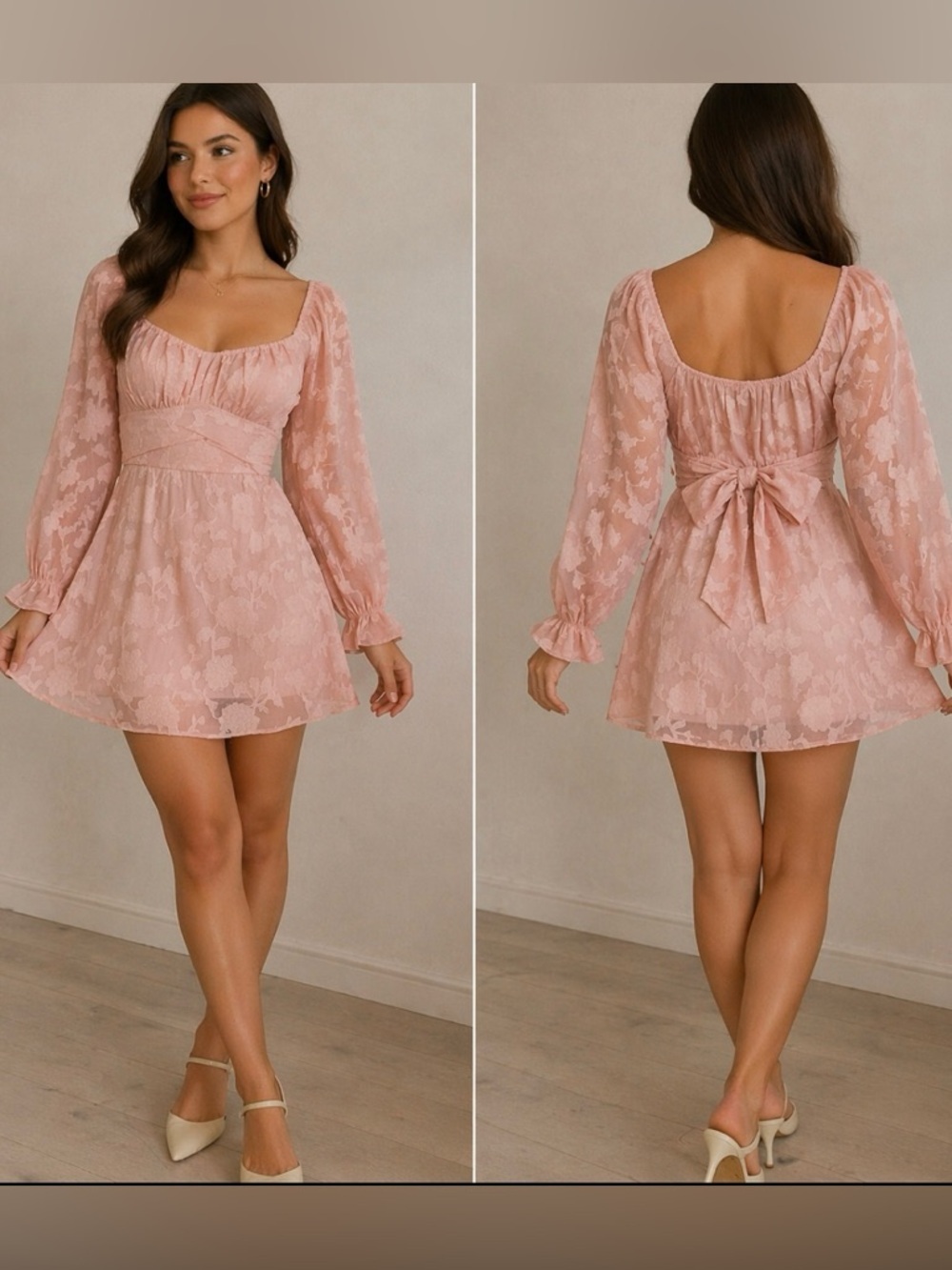 Thirty/Thirty Pink Flirty Textured Coquette Sweetheart Flowy Short Tie Bow Dress